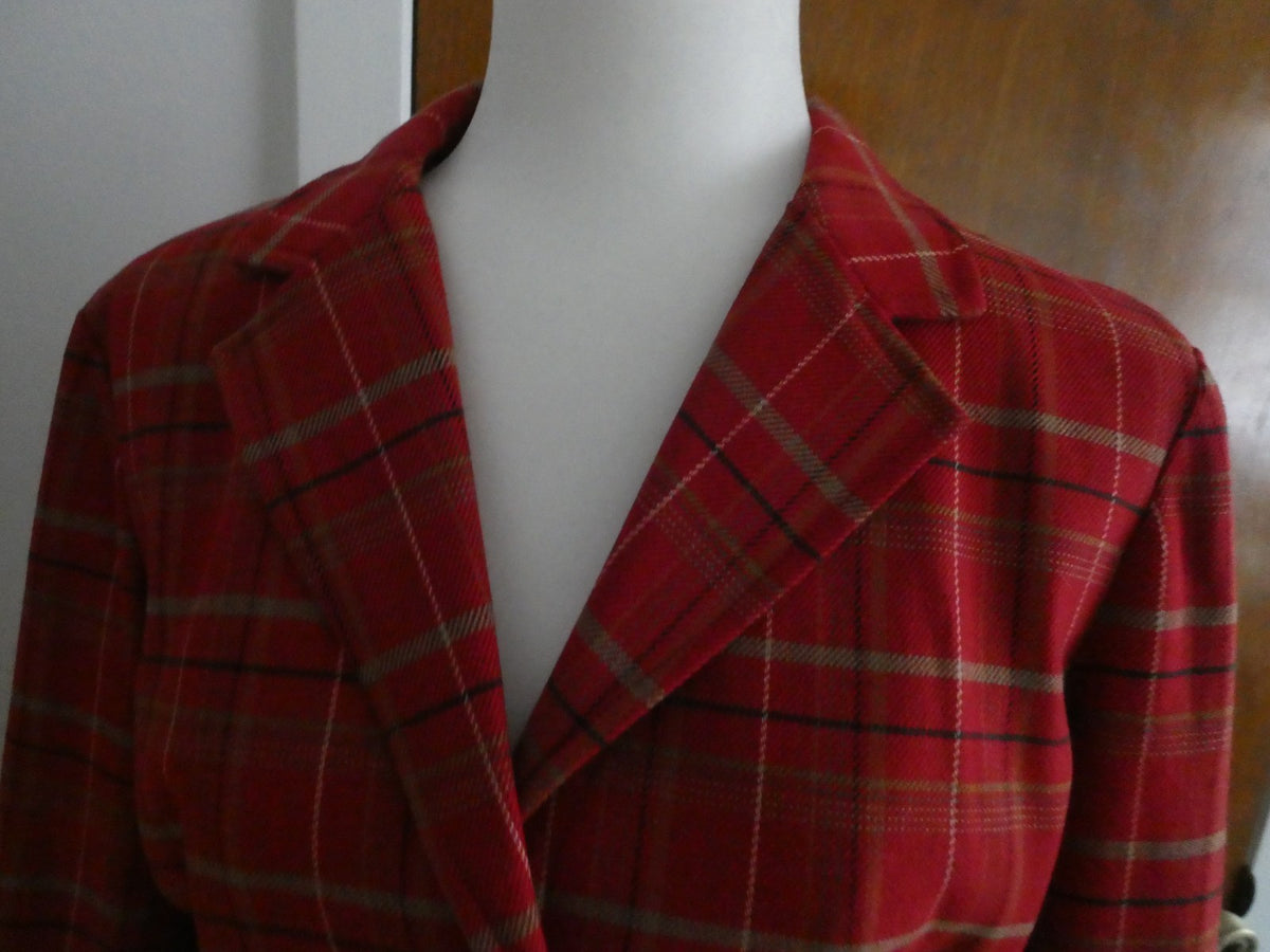 Eddie Bauer Women Red Plaid Lined Wool Blend 3 Buttons Blazer Jacket Size Large
