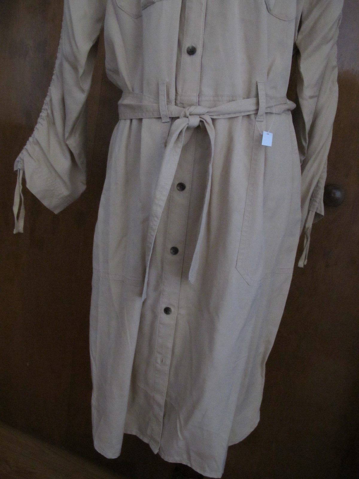 Lauren Ralph women beige ruched sleeve button down shirt dress New
