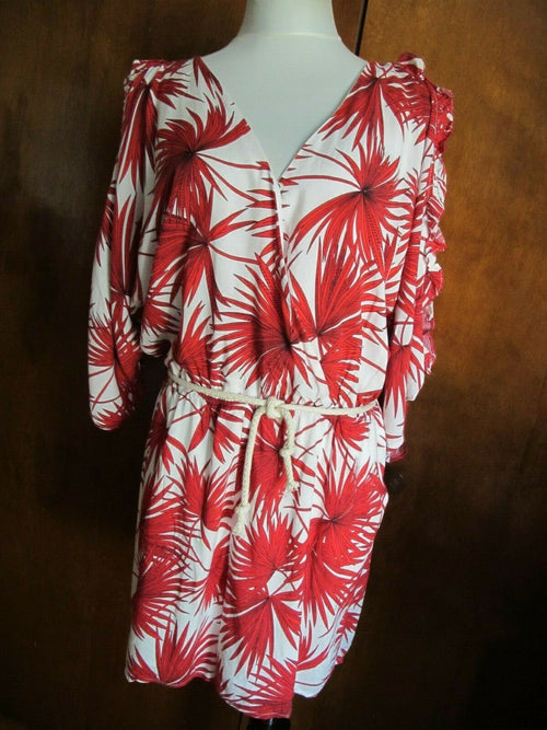 Anthropologie Bishop + Young Rayon Red & White Palm Short Romper XL