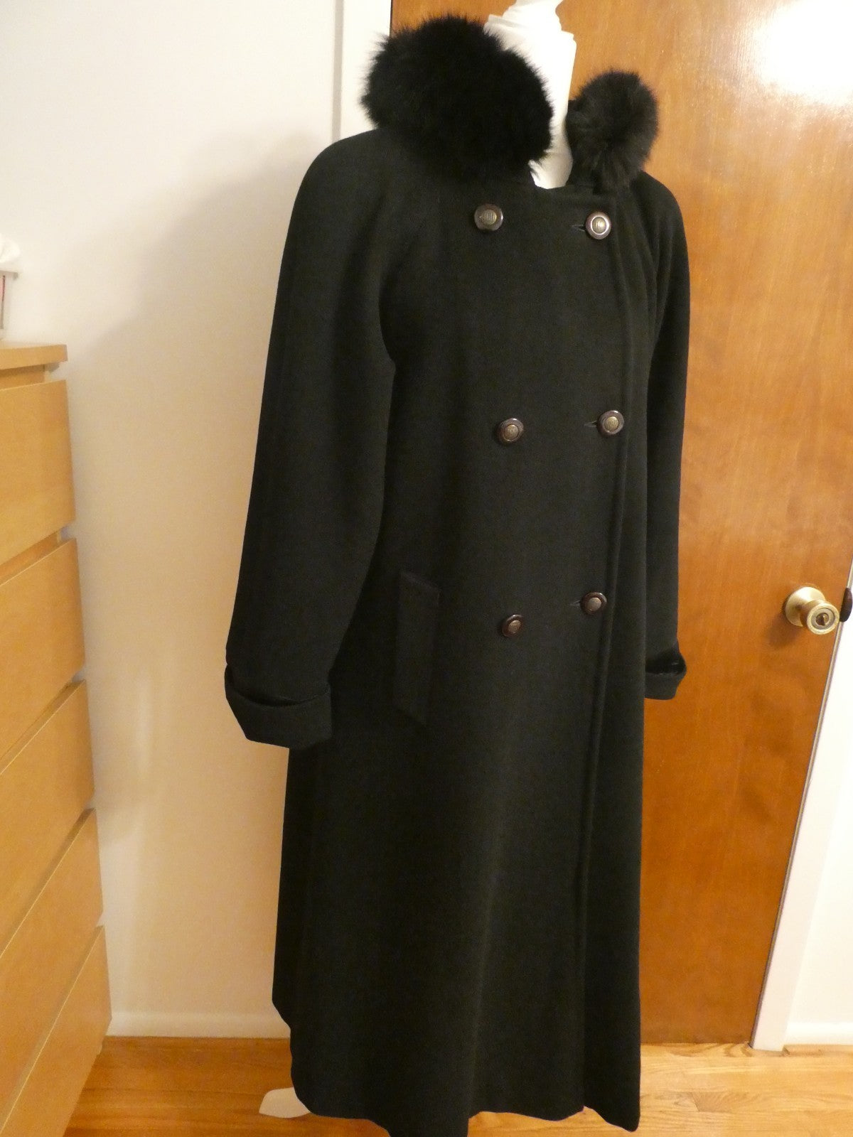 J.G HOOK Women Black 100% Wool A-Line Hood Fox Fur Trim Winter Coat 6 (fit 8-10)