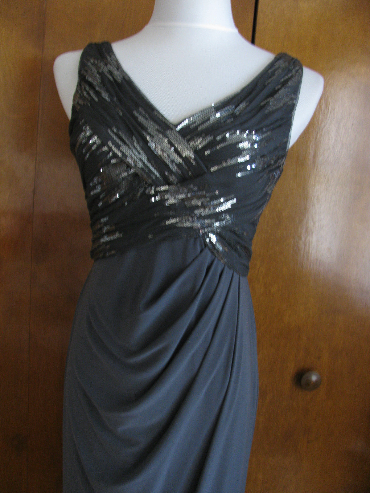 Ralph Lauren women gray ruched sequined mesh bodice dress New