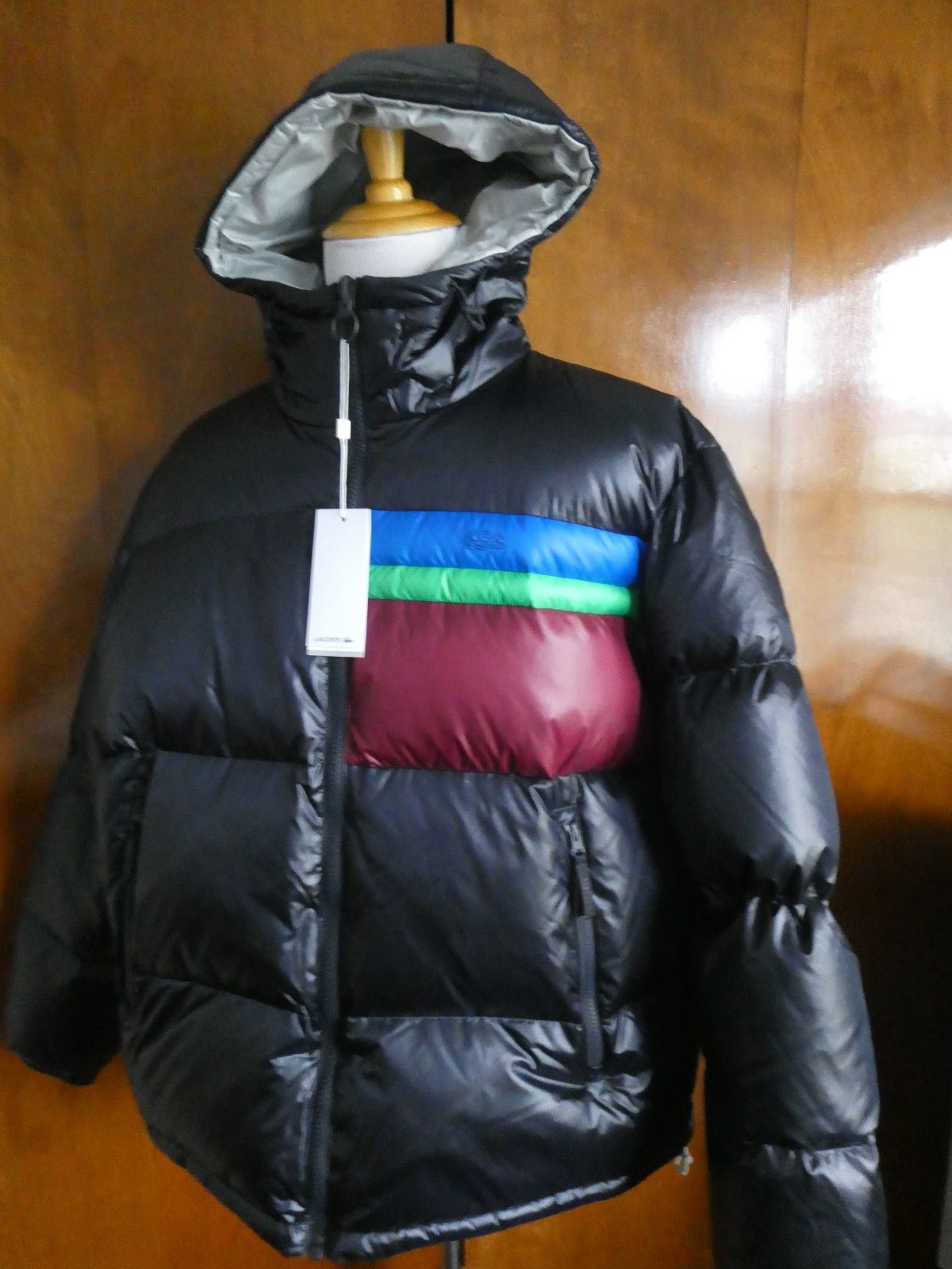 Lacoste Men’s Reversible Down Puffer Jacket XL 2XL Black Gray Hooded NWT $450