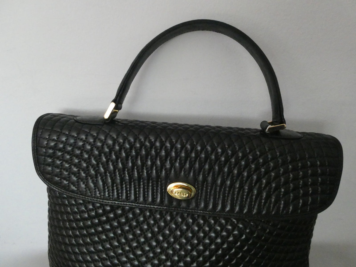 Vintage Bally Women's Black Quilted Leather Top Handle Handbag Gold Tone Italy