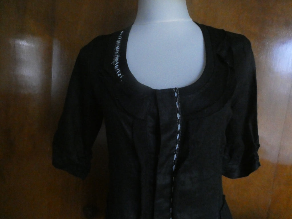 Pink Phoenix Women Black 100% Linen Small 3/4 Sleeve, Button Up, Semi Sheer Top