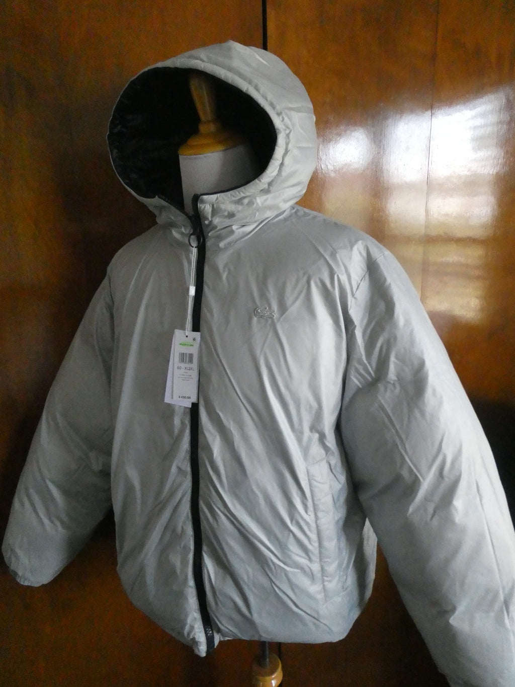 Lacoste Men’s Reversible Down Puffer Jacket XL 2XL Black Gray Hooded NWT $450