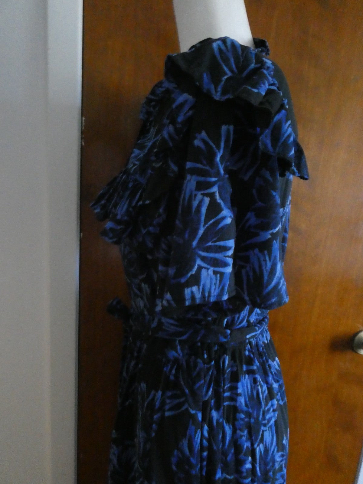  Who What Wear Dress XL Black Blue Floral Ruffle Puff Sleeve Button Front Cotton