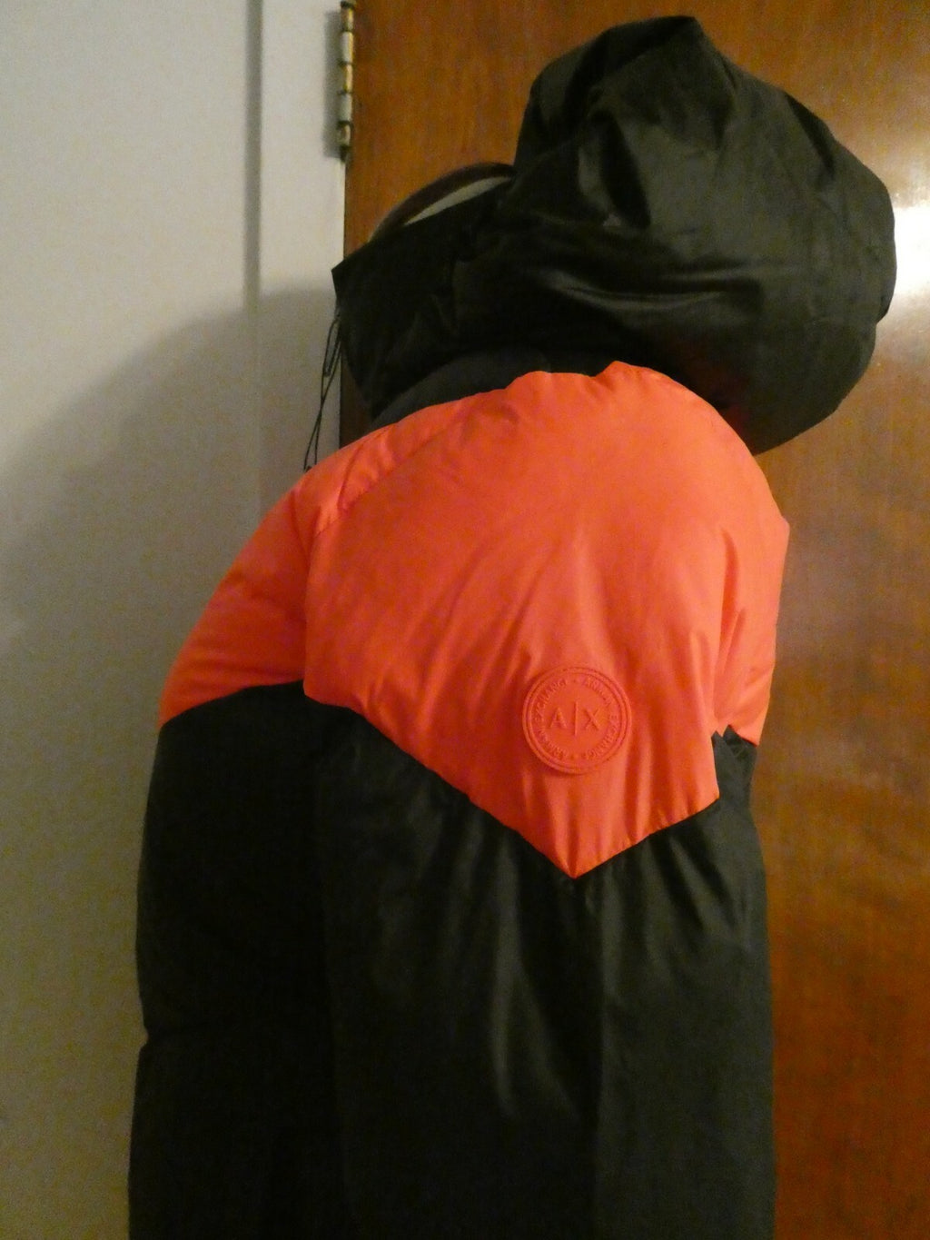 Armani Exchange Women's Black/Orange Reversible Winter Puffer Long Coat XS