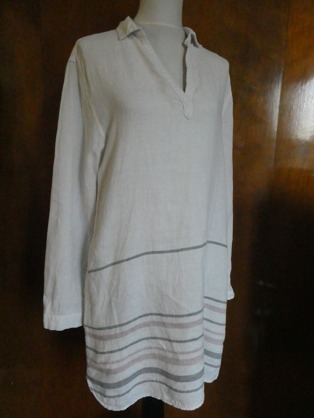 Tahari 100% Linen Striped Tunic Dress White Long Sleeve Pockets Size Medium