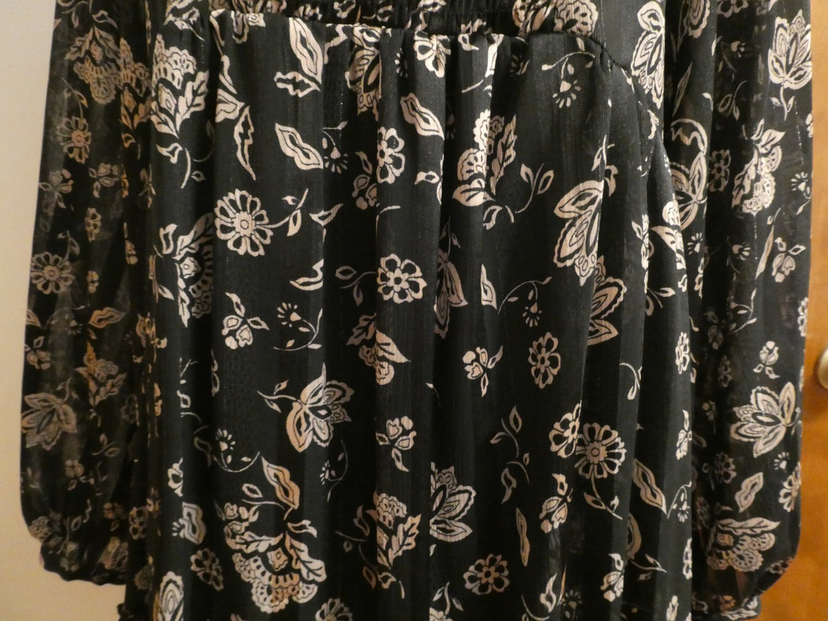 Zara Women's XS Black Floral Mini Dress Long Sleeve Pleated Boho Made in Morocco
