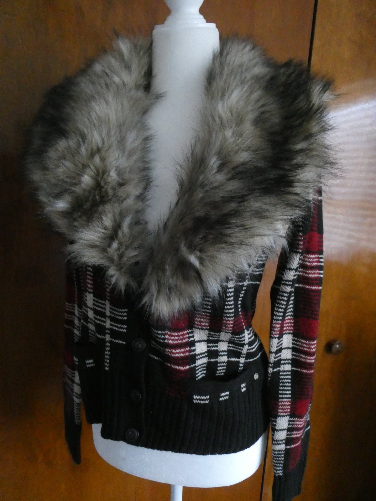 Denim & Supply Ralph Lauren Women Plaid Cardigan Faux Fur Trim Removable Collar