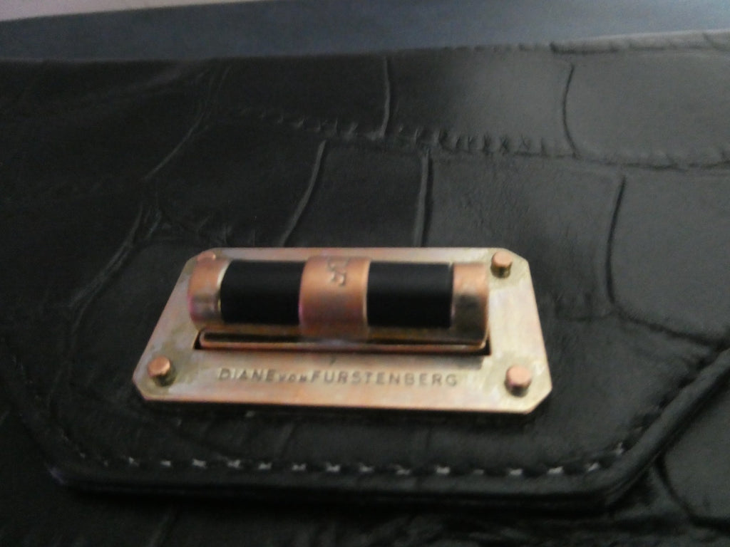 Vintage Diane Von Furstenberg Black Leather Clutch 8 card slots Gold Turn Lock