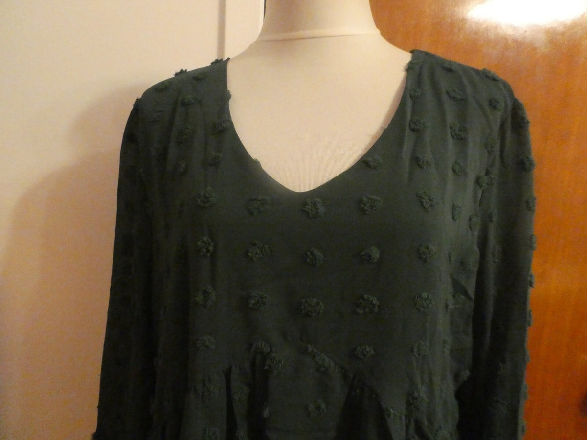 KIRUNDO Women’s Green long Sleeves Mini V Neck Flowy Swiss DOT Babydoll Dress XL