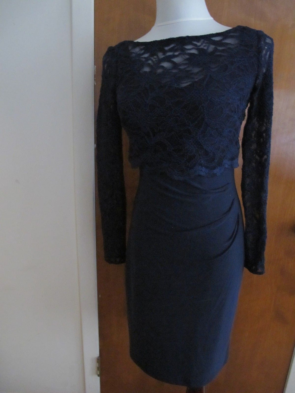 Ralph Lauren  women navy bodice overlay fabric lace crafted evening NWT dress 2 