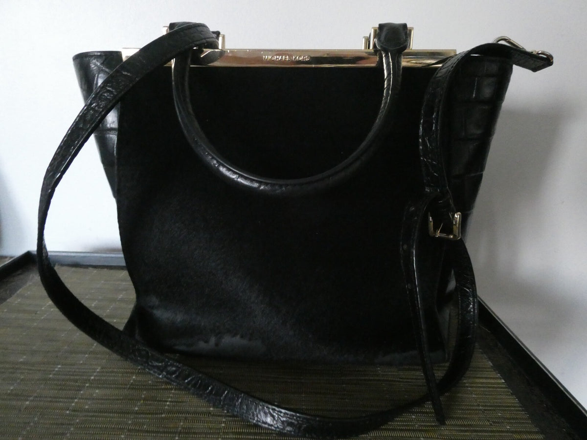 MICHAEL KORS black leather trim haircalf dyed composed crossbody handbag