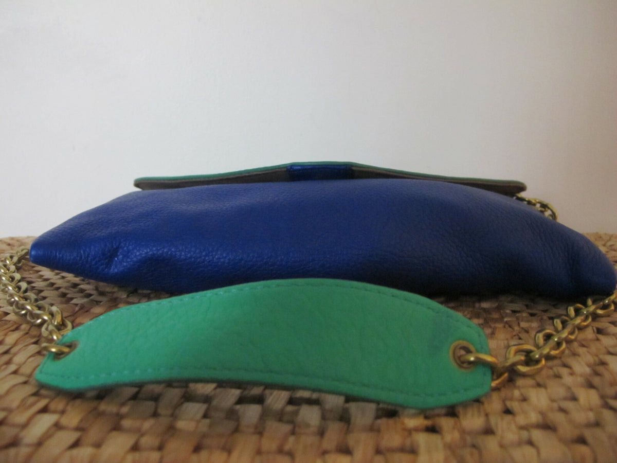J CREW Women's Blue Green Pebbled Leather Shoulder Tote Bag Clutch Purse