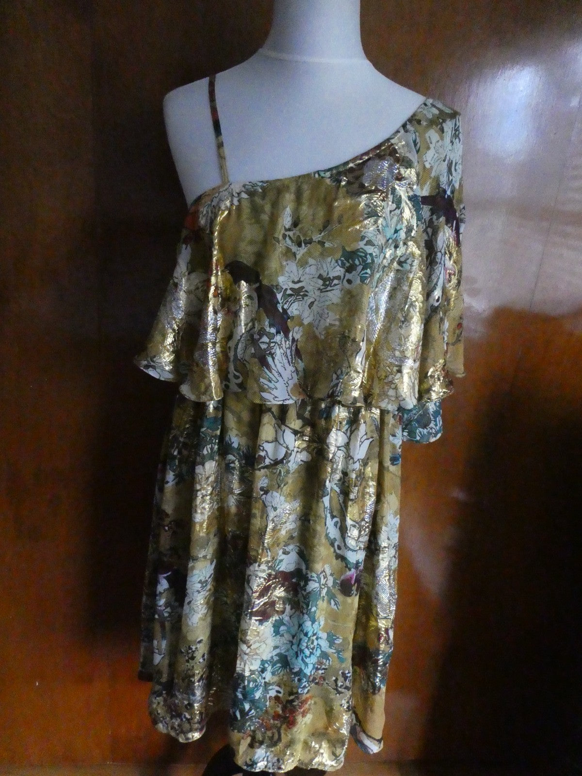 Anthropologie Hemant & Nandita Silk One Shoulder Dress Gold Floral Large $298