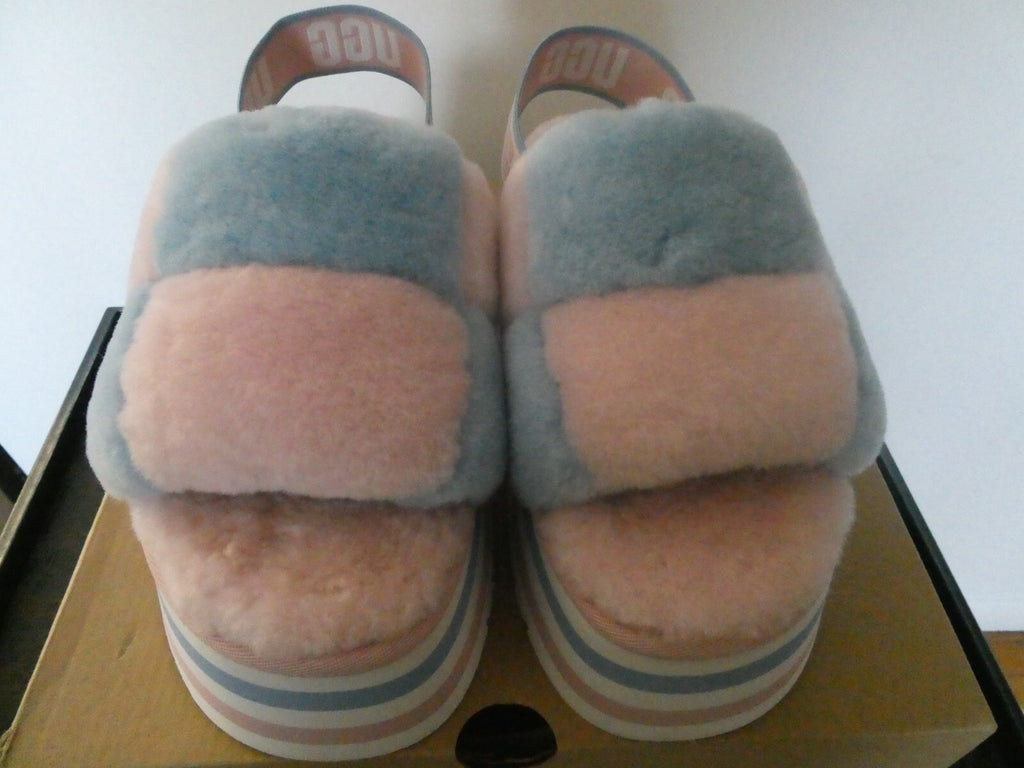 UGG WOMEN’S PINK/BLUE DISCO PASTEL STRIPE COMBO FLUFF SLIDE SANDALS US SIZE 8