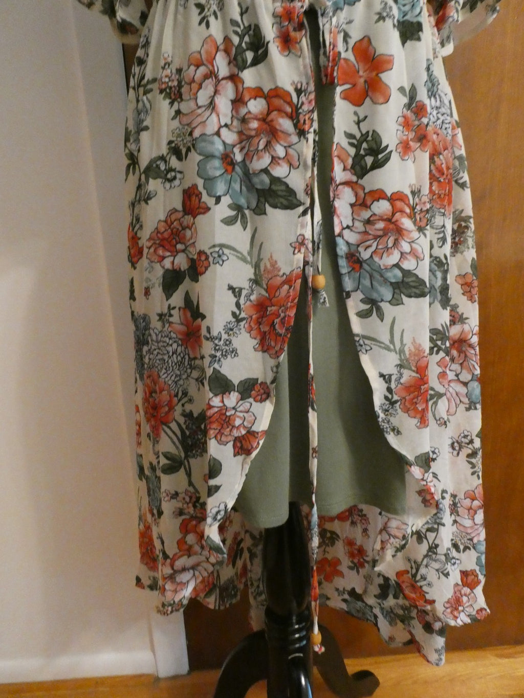 Liberty Love 2Pc Floral Chiffon Duster Dress Set Olive Green Asymmetrical Medium