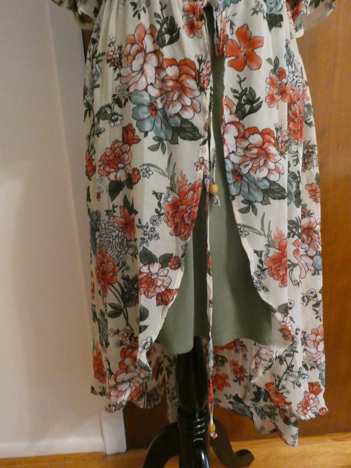 Liberty Love 2Pc Floral Chiffon Duster Dress Set Olive Green Asymmetrical Medium