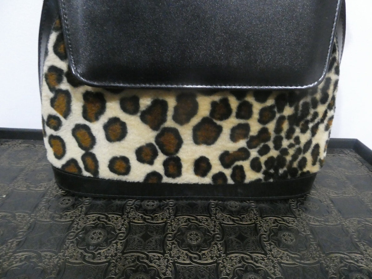 Unbranded Women Black Velour/Leather Leopard Print 2 compartments Purce Handbag