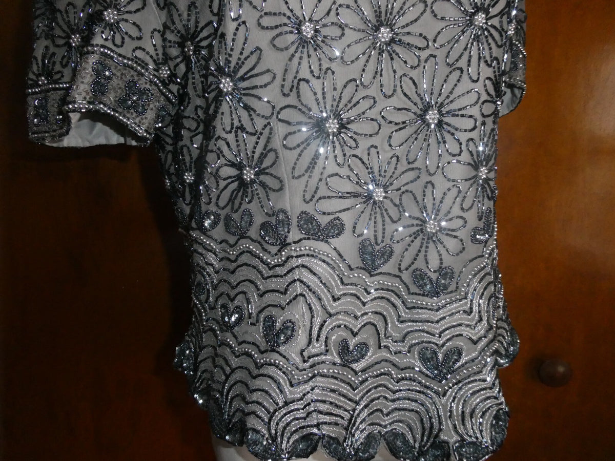 Papell Boutique Women Gray Evening 100% Silk Beaded Party Top Sz XL (fits M/ L)