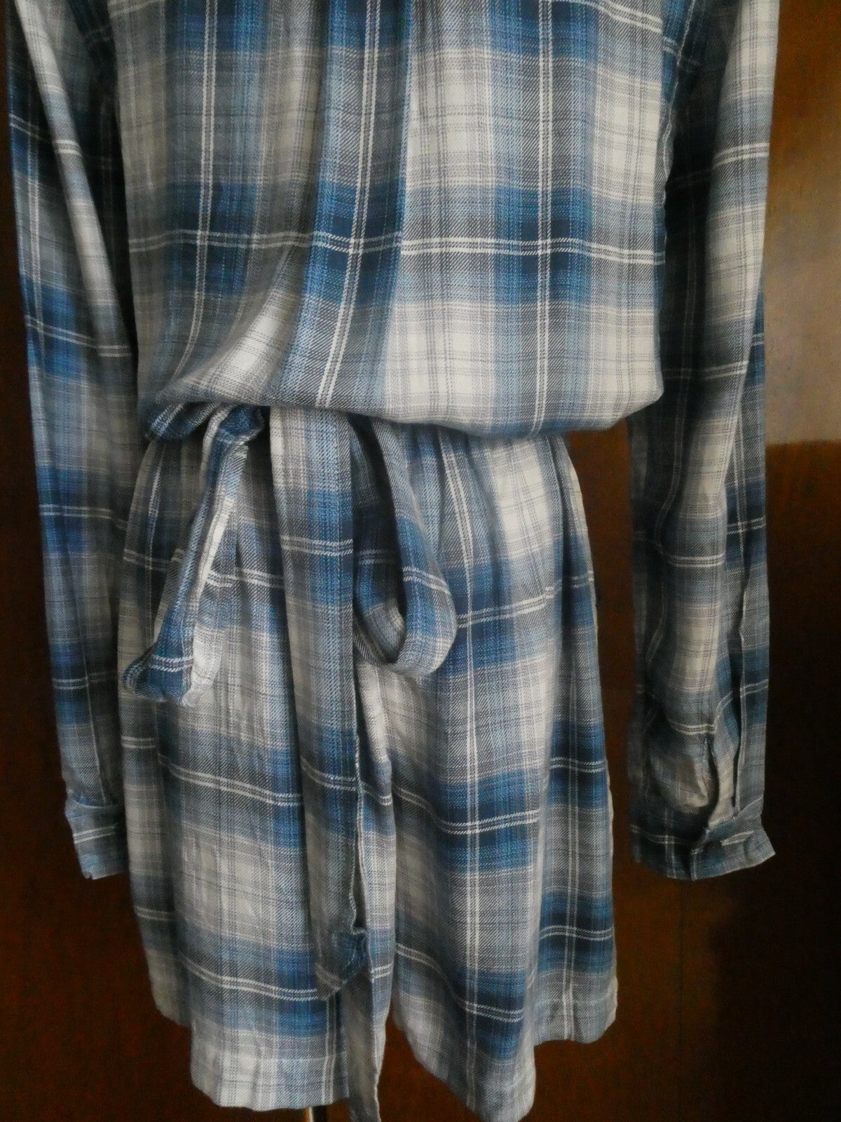 Gap Women’s Long Sleeve Blue Plaid Flannel Romper Wrap Front 