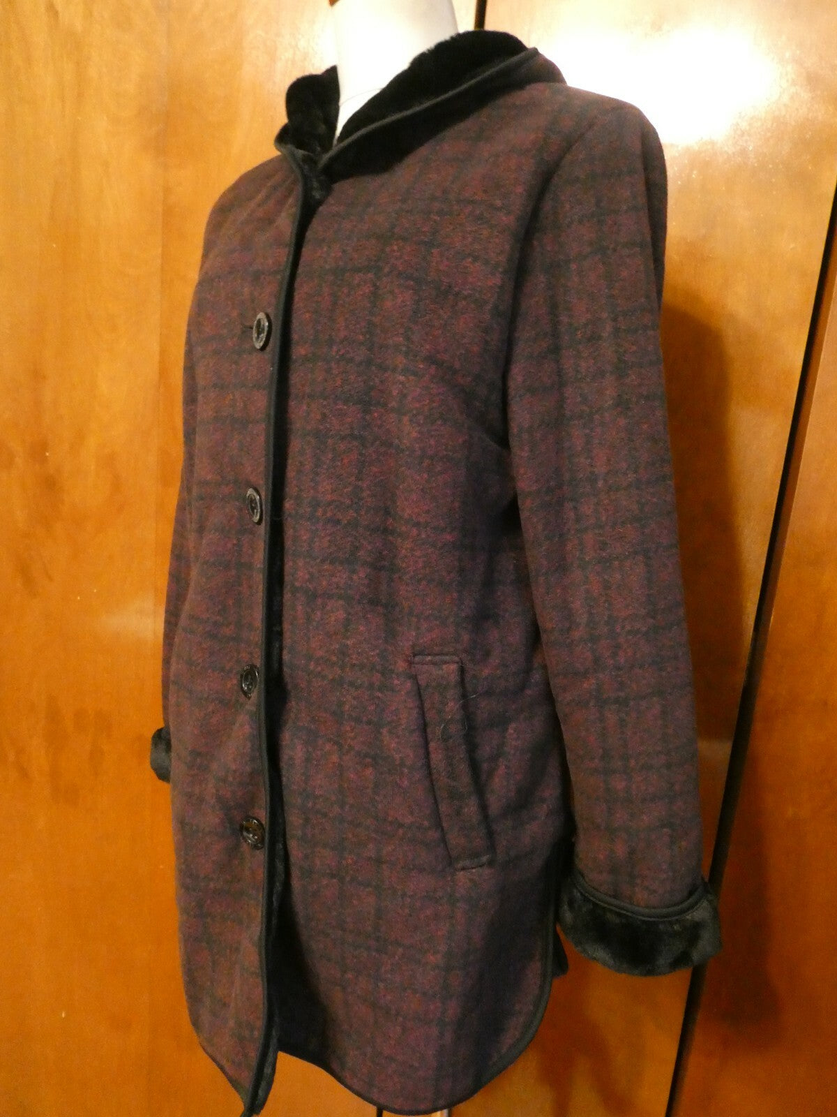 Ike Behar Women's Burgundy/Black Faux Fur Hooded Jacket Coat Large