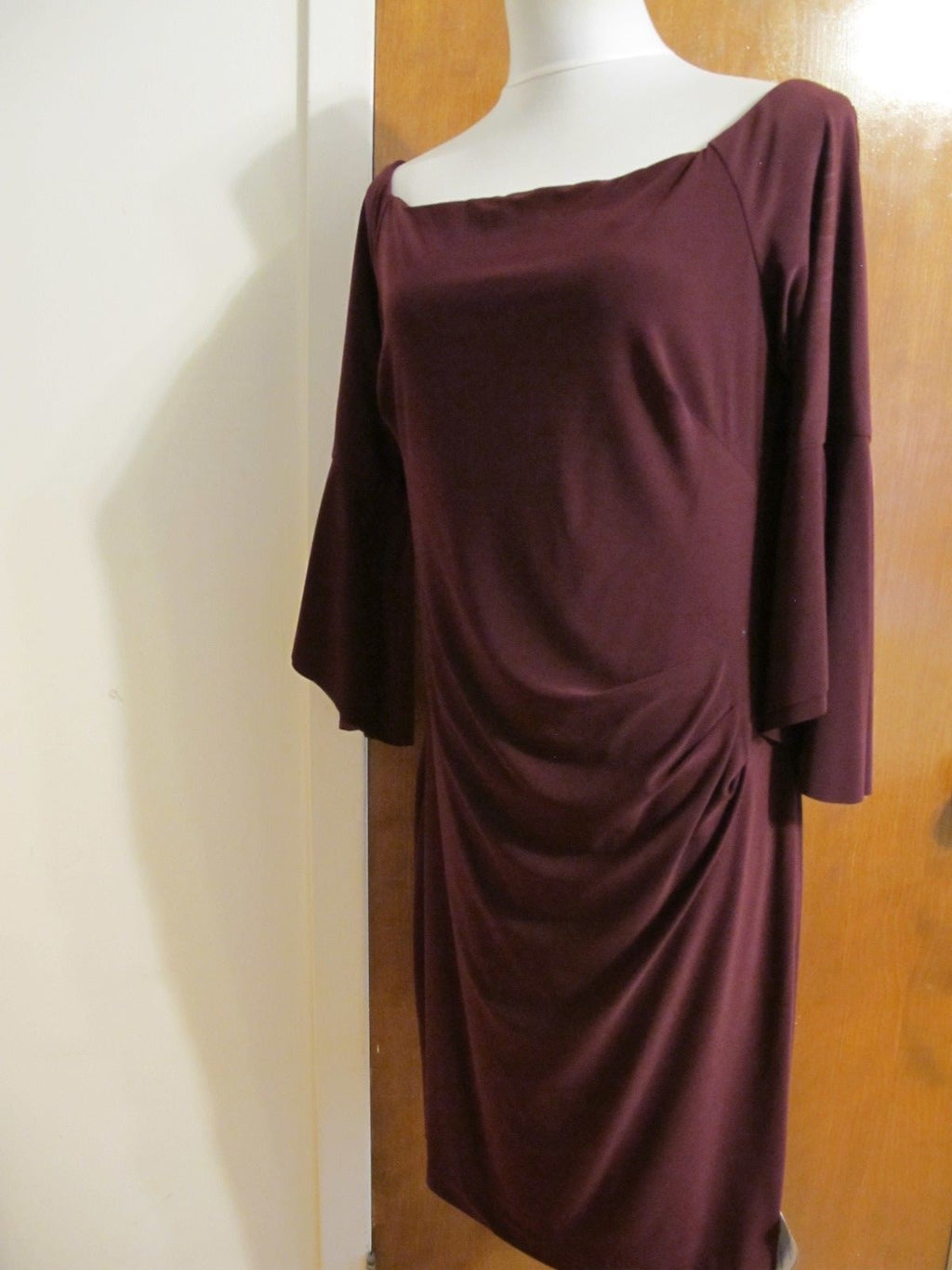 Ralph Lauren Women’s Burgundy Bell-Sleeve Gathered Off Shoulder Dress  NWT