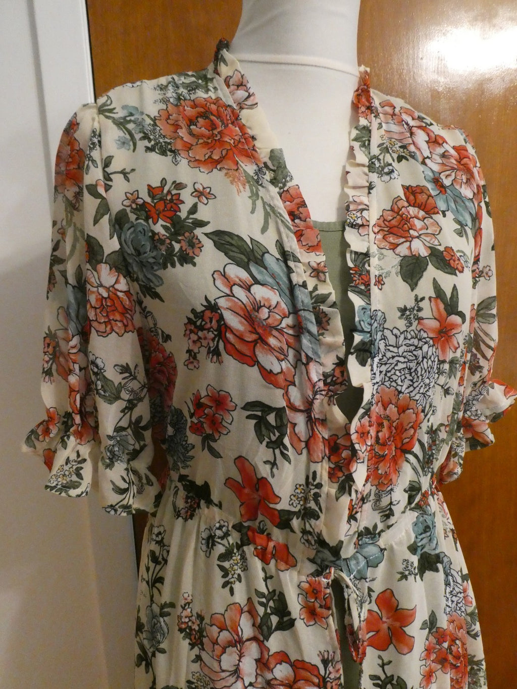 Liberty Love 2Pc Floral Chiffon Duster Dress Set Olive Green Asymmetrical Medium