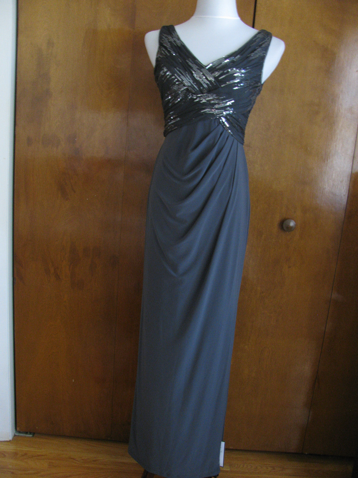 Ralph Lauren women gray ruched sequined mesh bodice dress New