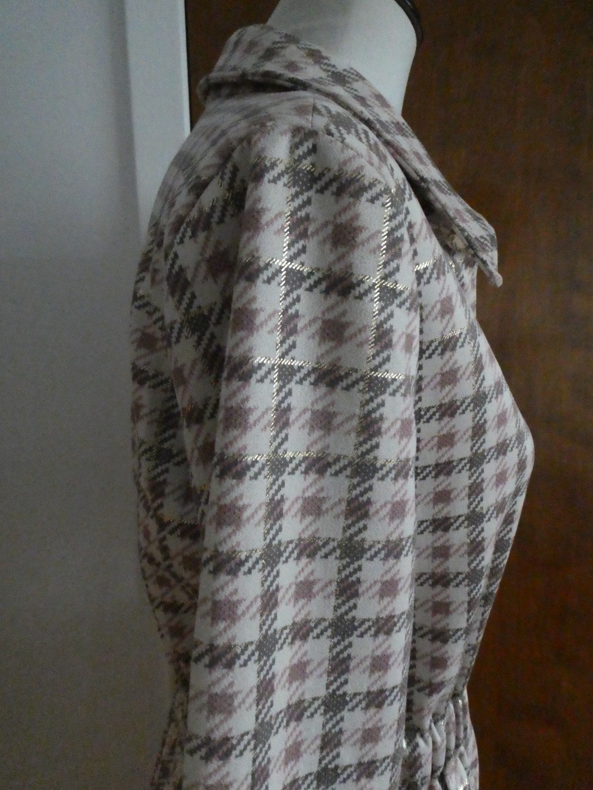 Aliceblue Women’s Plaid Long Jacket Coat Gray Pink Gold Snap Stretch Size Small