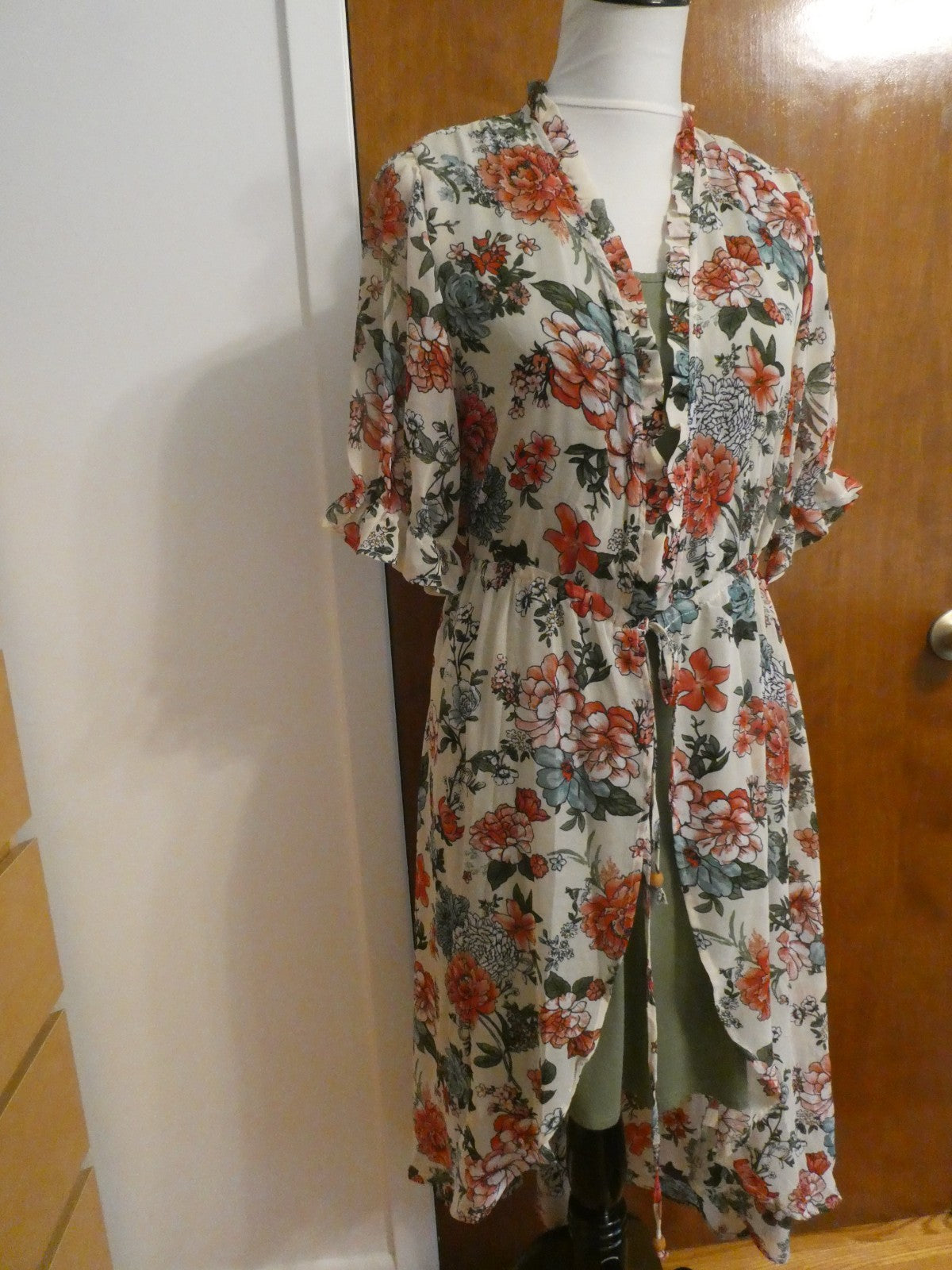 Liberty Love 2Pc Floral Chiffon Duster Dress Set Olive Green Asymmetrical Medium