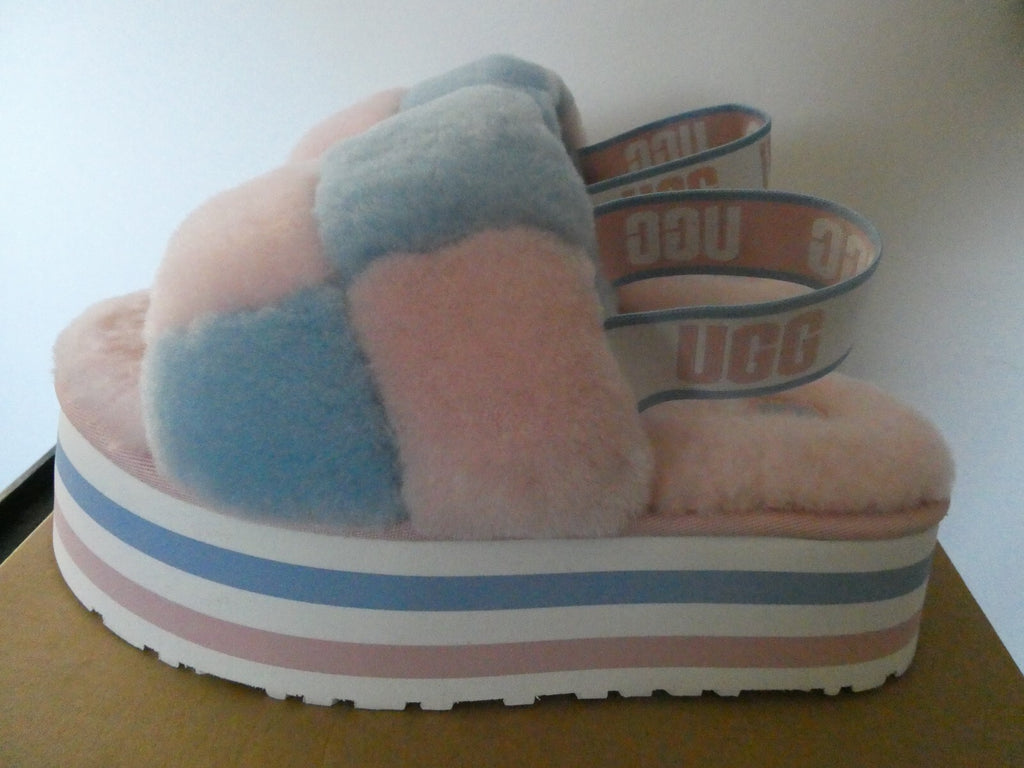 UGG WOMEN’S PINK/BLUE DISCO PASTEL STRIPE COMBO FLUFF SLIDE SANDALS US SIZE 8