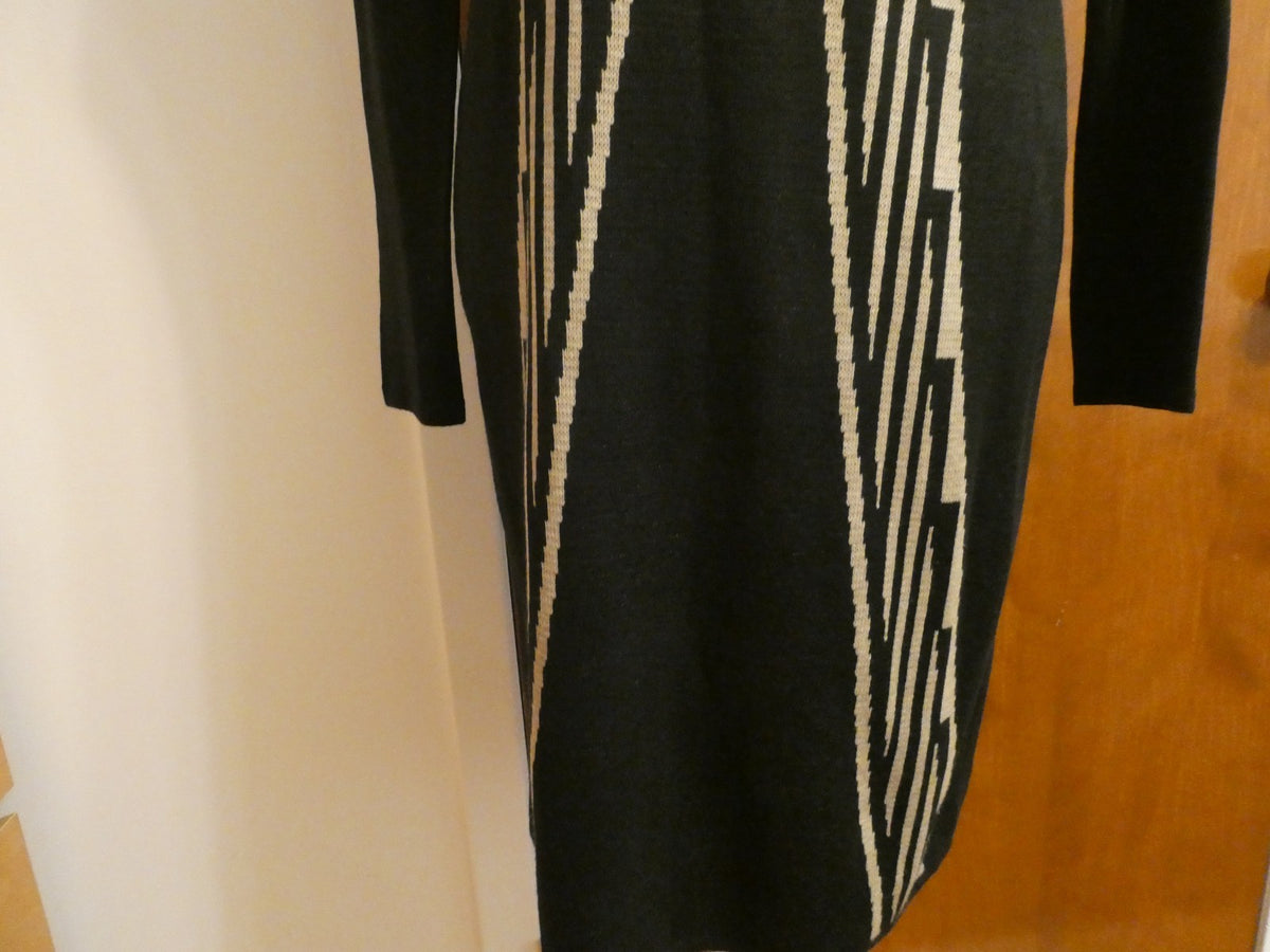 Ivanka Trump Sweater Knit Dress Women Black Beige Geometric Long Sleeve Bodycon