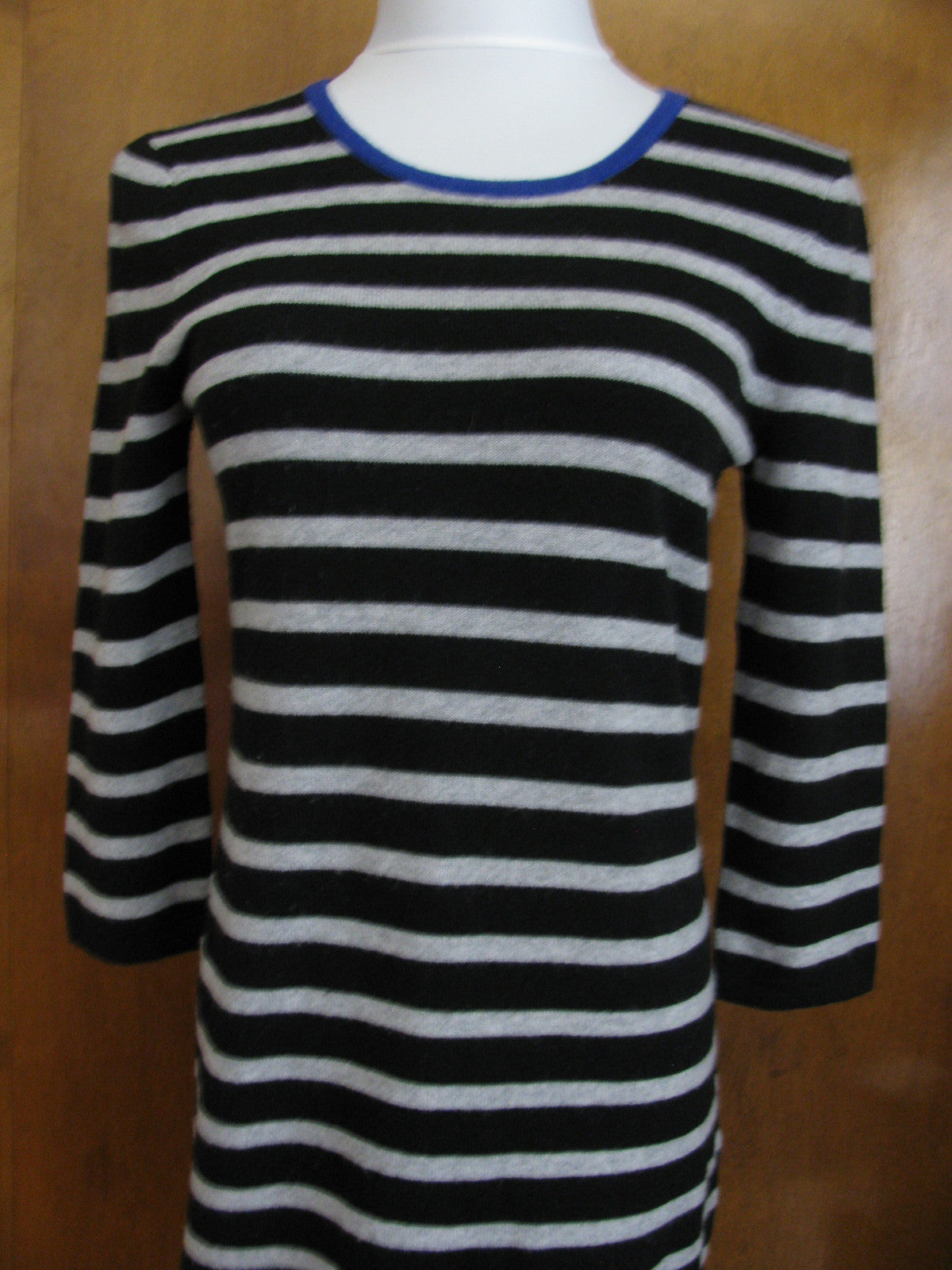 Bloomingdale Aqua women's striped, black, gray blue cashmere dress Sz. XS, S, M
