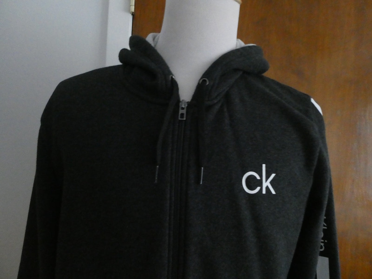 Calvin Klein Full Zip Hoodie Men's Jacket Charcoal Black Cotton Blend Logo L
