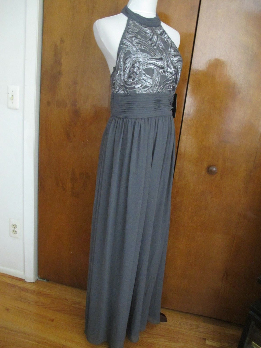 JS Boutique women's gray maxi evening sequined mesh dress size 10 
