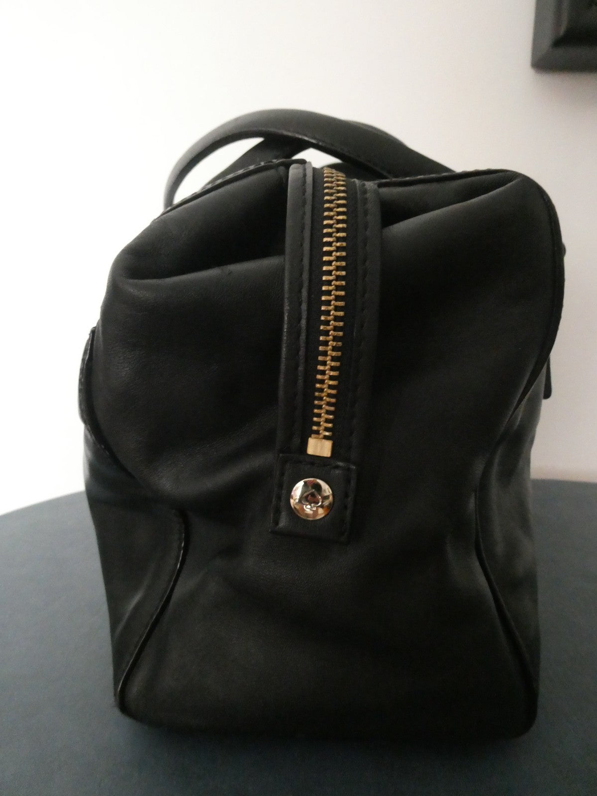 Kate Spade New York Black Leather Satchel Handbag Gold Tone Zip Shoulder Purse