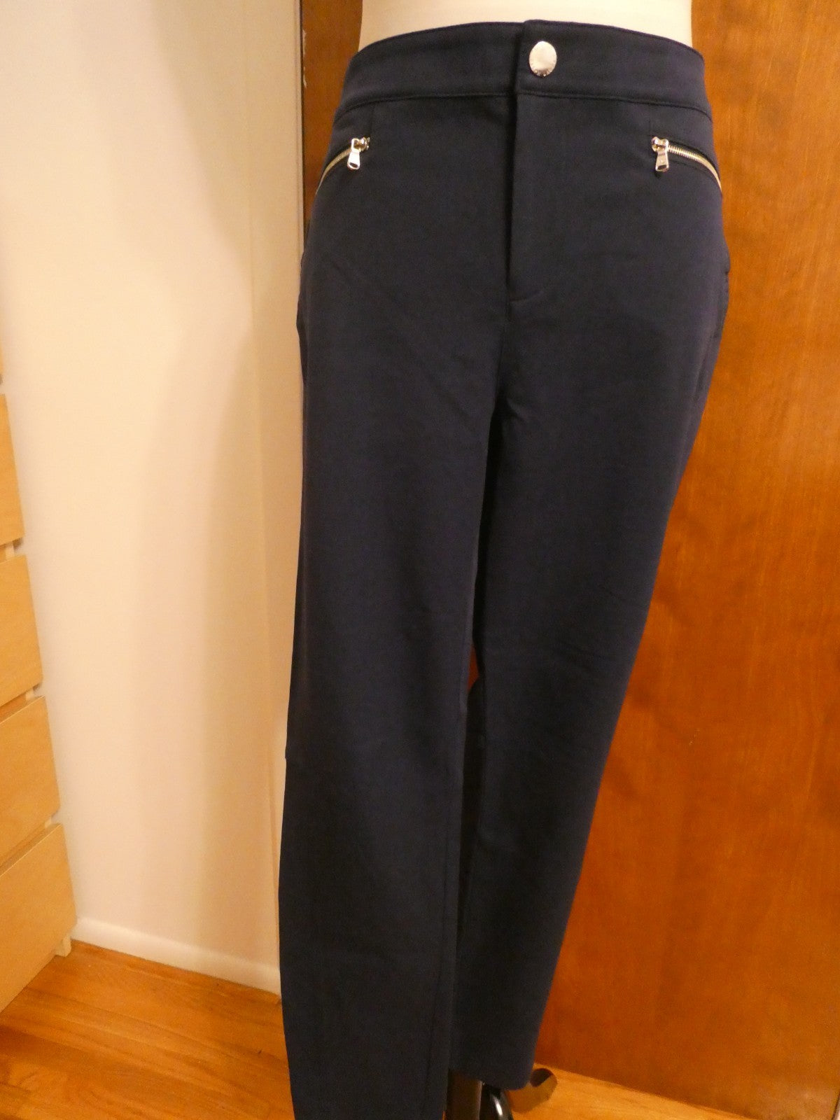 Ralph Lauren Women Navy-Blue Pants Size 14 Stretch Zip Pocket Slim Ankle Career