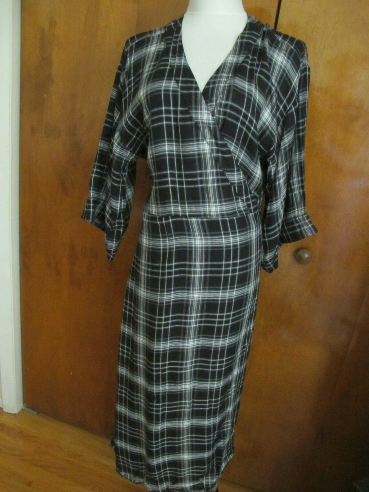 Gap Women's Black Plaid 3/4 Sleeves Tie-Waist Midi Wrap Dress Tall Large 