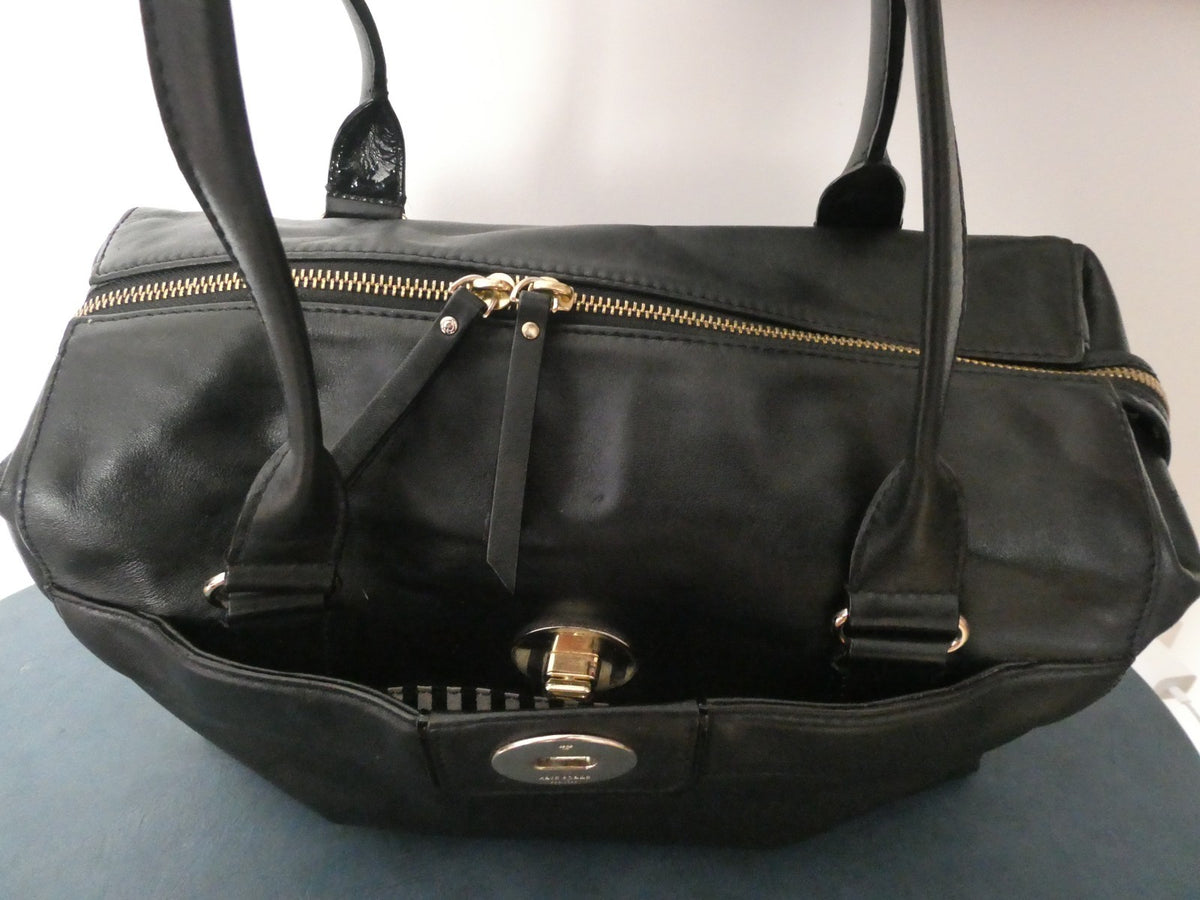 Kate Spade New York Black Leather Satchel Handbag Gold Tone Zip Shoulder Purse