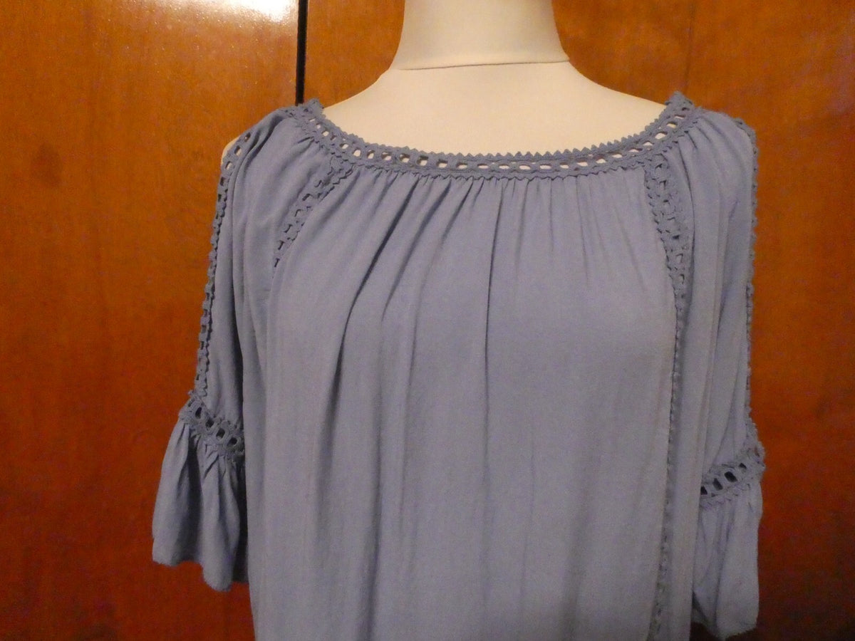 FLY women's blue embroidered open shoulder 100% viscose top size 8