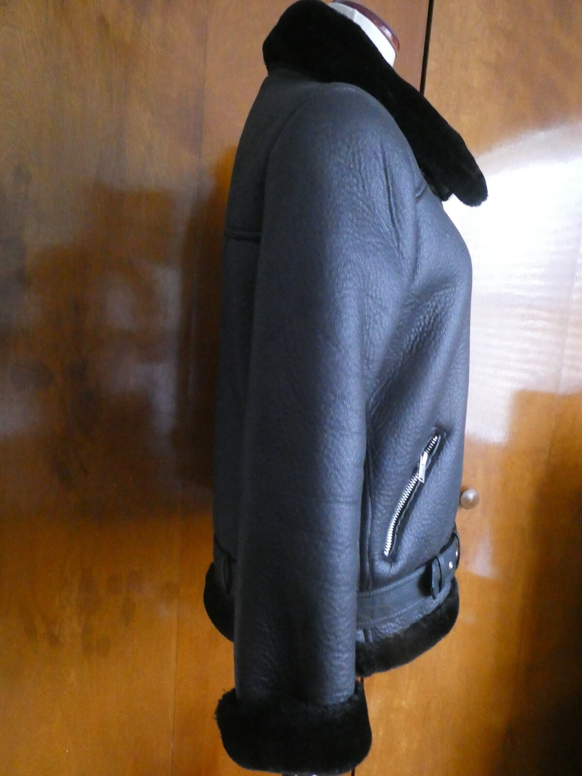 LY VAREY LIN Women's Black Faux Shearing Lined Warm Winter Moto Jacket Small