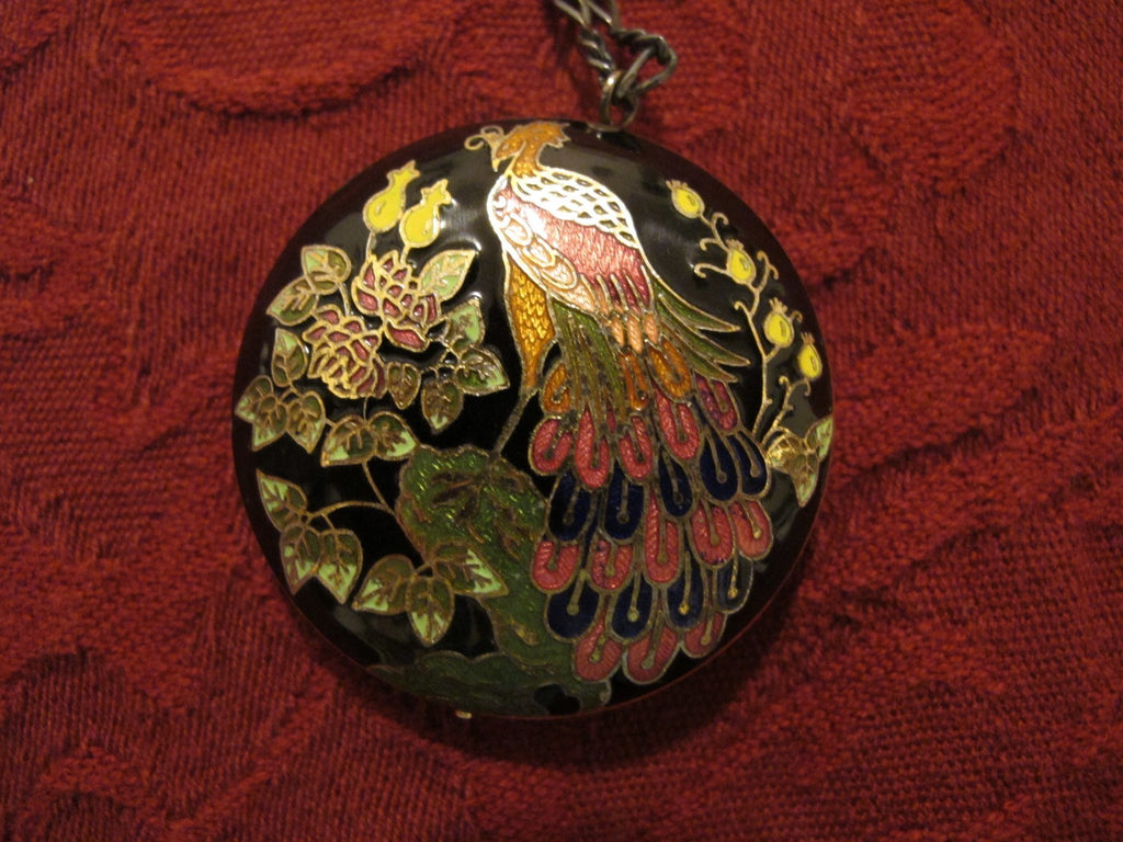 Vintage Oriental round women's black pendant on black silver chain