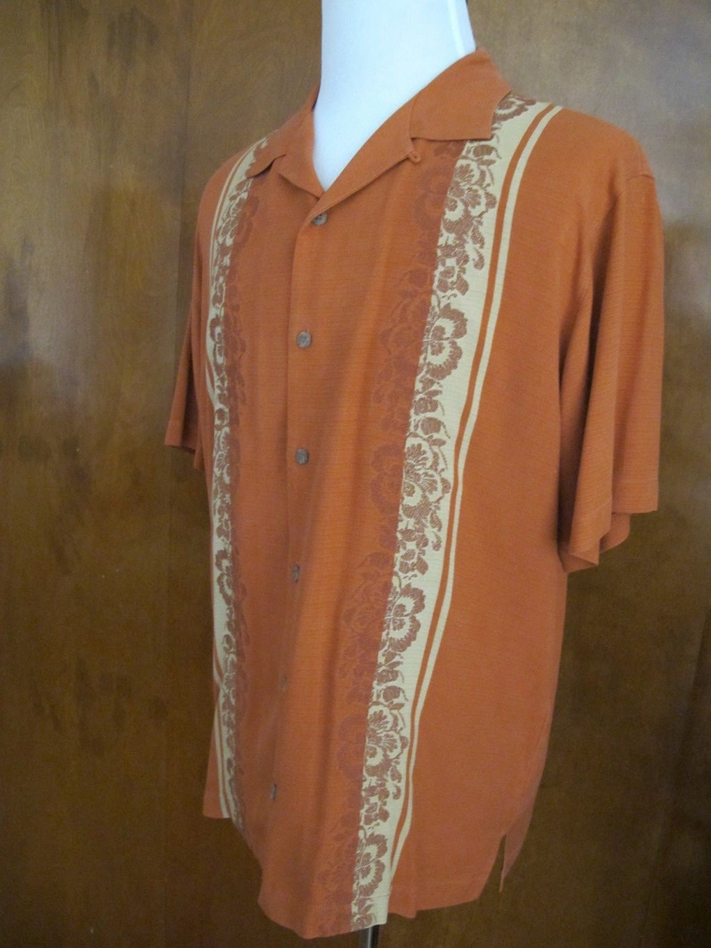 Tommy Bahama Mens Silk Brown Florals Print Embroidered Camp Shirt Size Large