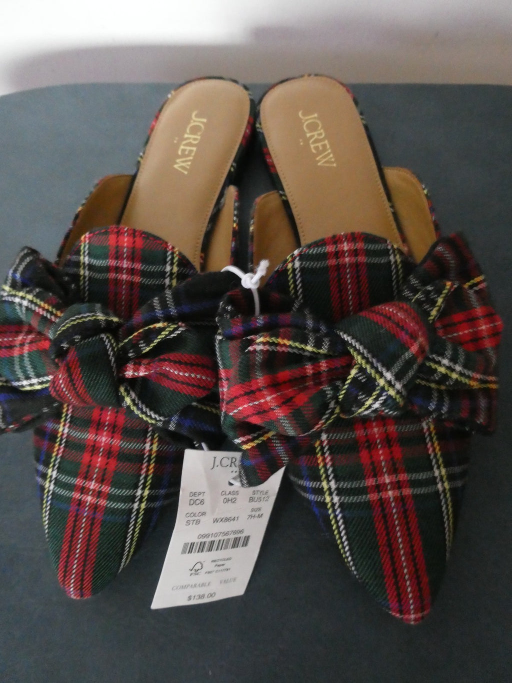 J.Crew Tartan Bow Mule Flats Stewart Plaid Slip on Pointed Toe Women 7, 7.5, 8