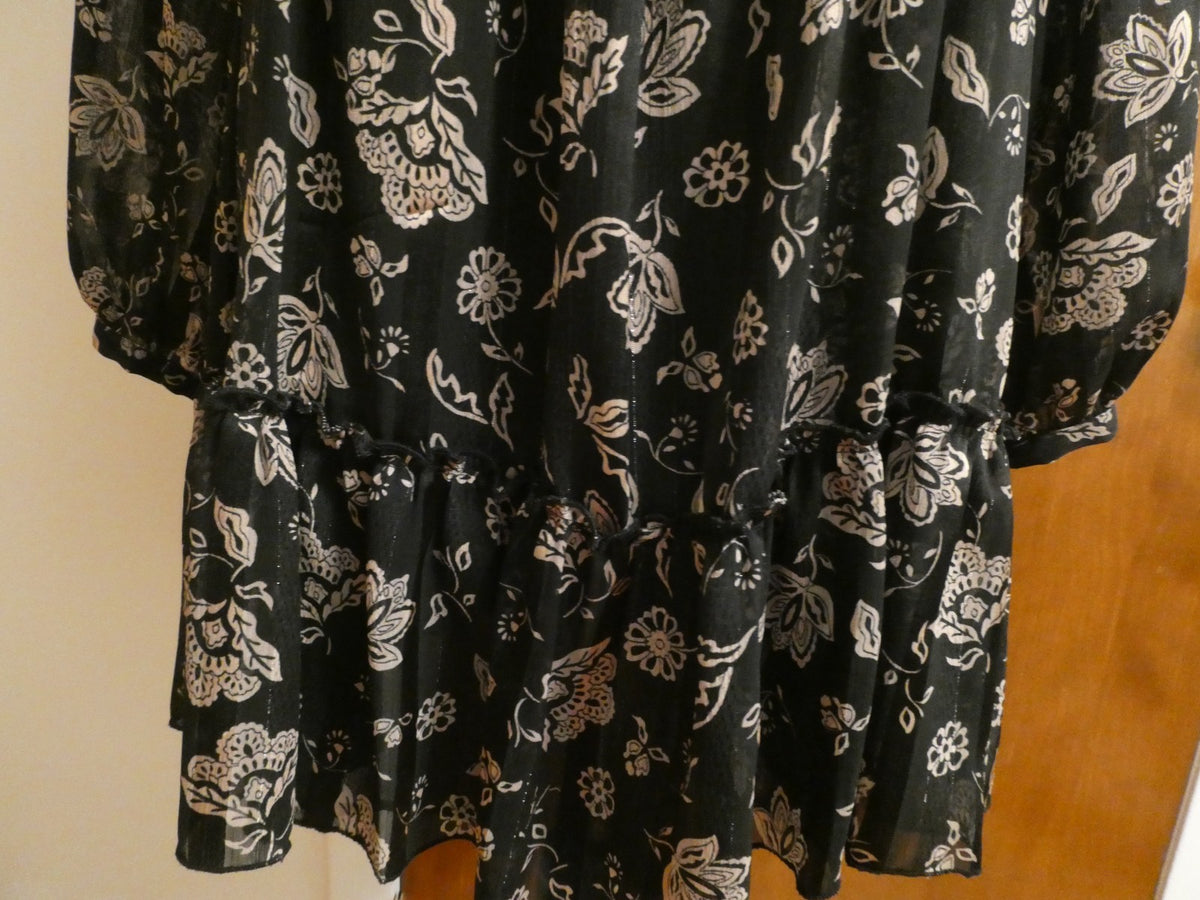 Zara Women's XS Black Floral Mini Dress Long Sleeve Pleated Boho Made in Morocco