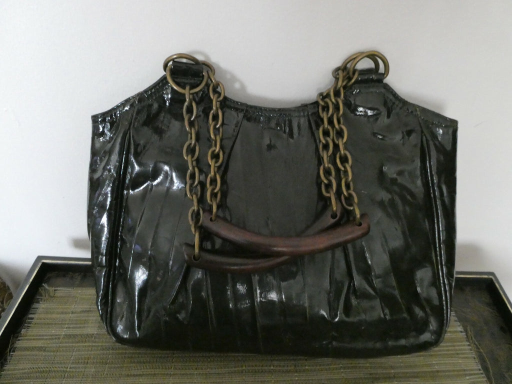 Linea JN1United Colors Of Benetton Dark Green Faux Patent Lined Handbag Purse 