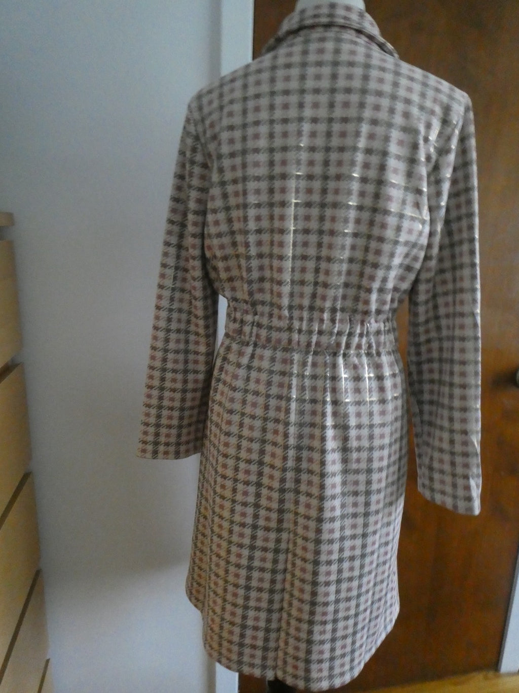 Aliceblue Women’s Plaid Long Jacket Coat Gray Pink Gold Snap Stretch Size Small