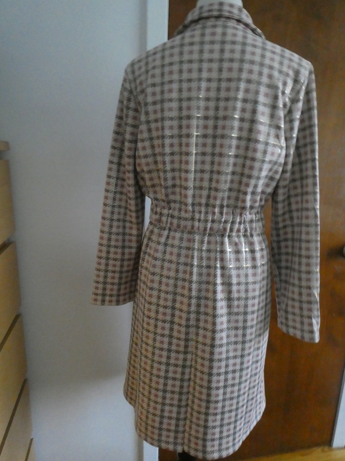 Aliceblue Women’s Plaid Long Jacket Coat Gray Pink Gold Snap Stretch Size Small